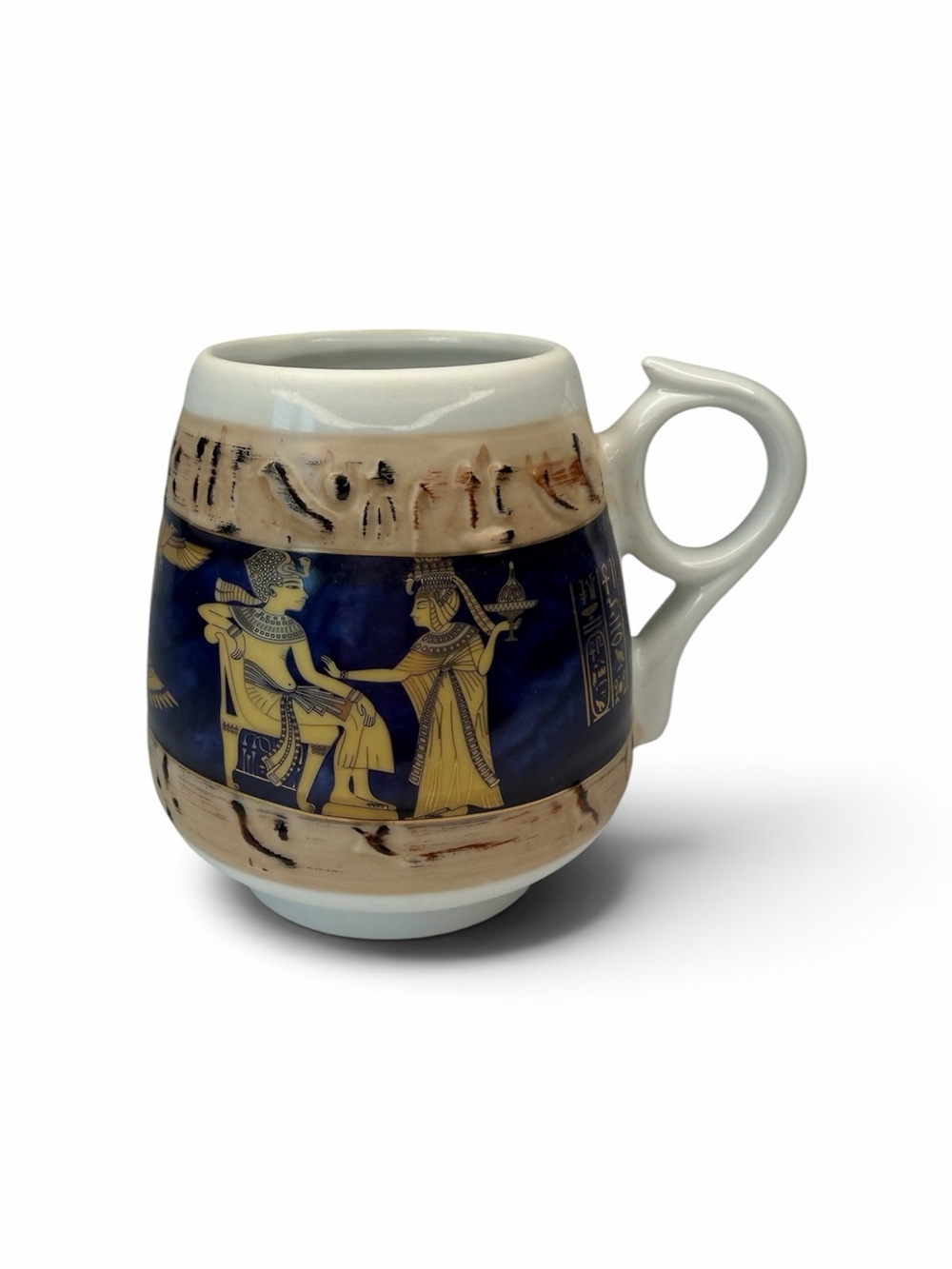 Fathi Mahmoud Ceramic Mug with Egyptian Motif in Blue and Cream